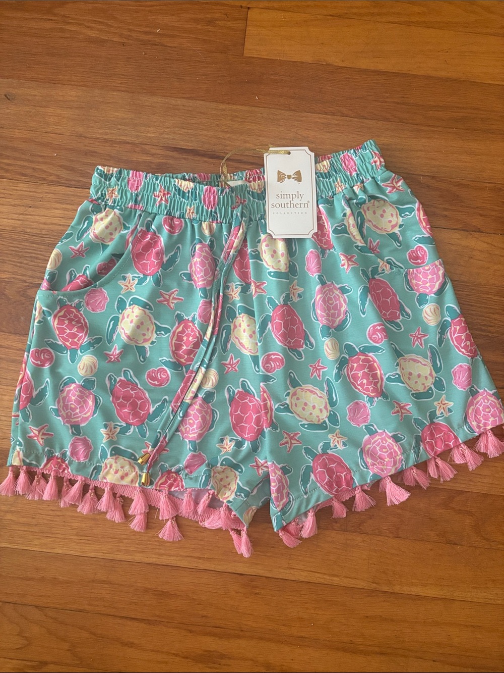 Simply Southern Turquoise Sea Turtle Tassel Shorts with Pink Trim
